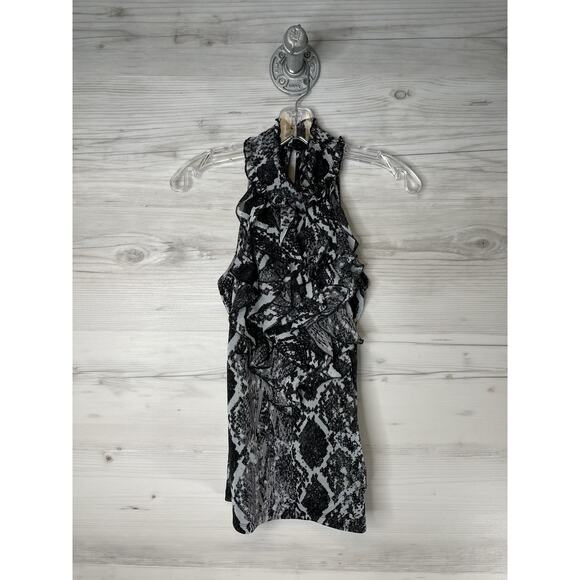 XOXO Shirt Womens Medium Black White Sleeveless Ruffle Mock Neck Snakeskin Print - Picture 1 of 10